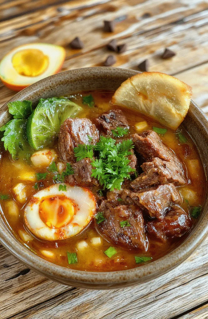 A steaming bowl of beef ramen on a rustic wooden table, topped with sliced beef, soft boiled eggs, green onions, and sesame seeds, with chopsticks resting on the side. The broth is rich, dark, and inviting, with vibrant vegetables and noodles visible, styled for a cozy and hearty presentation.