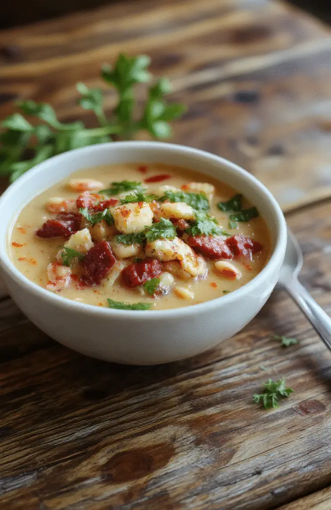 A warm, hearty bowl of Tuscan white bean soup with visible chunks of tender beans, fresh herbs, and a drizzle of olive oil, served in a rustic white bowl on a wooden table against a soft, natural background.