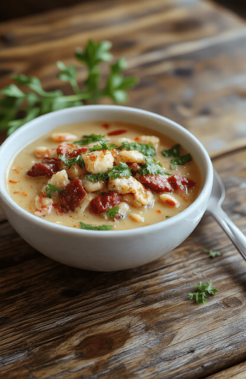 A warm, hearty bowl of Tuscan white bean soup with visible chunks of tender beans, fresh herbs, and a drizzle of olive oil, served in a rustic white bowl on a wooden table against a soft, natural background.