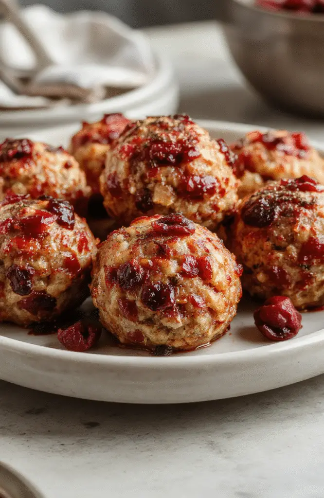 Colorful savory stuffing balls filled with bright red cranberries, garnished with fresh herbs on a rustic white plate, showcasing a crispy golden exterior with visible bits of turkey, stuffing, and cranberries, styled with subtle holiday decorations, appealing and appetizing.