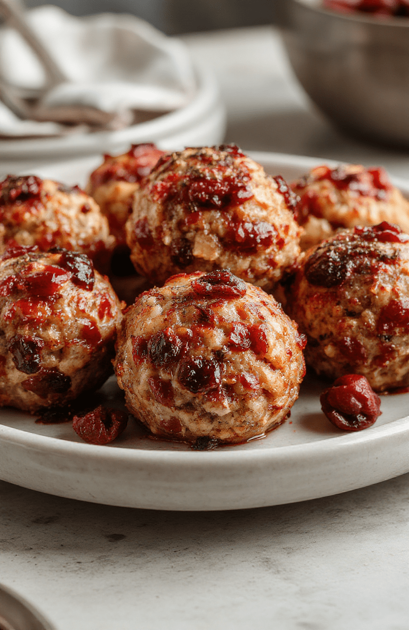 Colorful savory stuffing balls filled with bright red cranberries, garnished with fresh herbs on a rustic white plate, showcasing a crispy golden exterior with visible bits of turkey, stuffing, and cranberries, styled with subtle holiday decorations, appealing and appetizing.