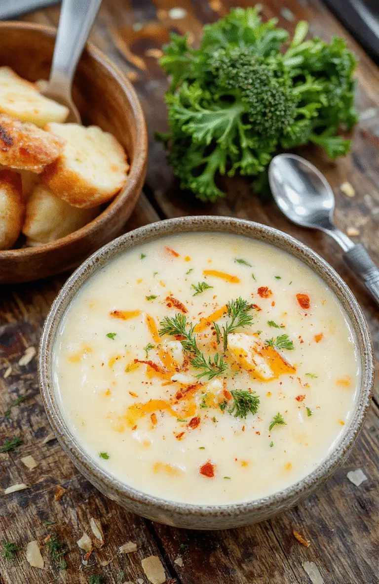 A bowl of creamy broccoli cheddar potato soup topped with shredded cheese and fresh herbs, served on a rustic wooden table with a spoon, vibrant green broccoli contrasted with golden cheese and smooth soup texture, styled with fresh broccoli florets and a drizzle of cream for a cozy, inviting look.