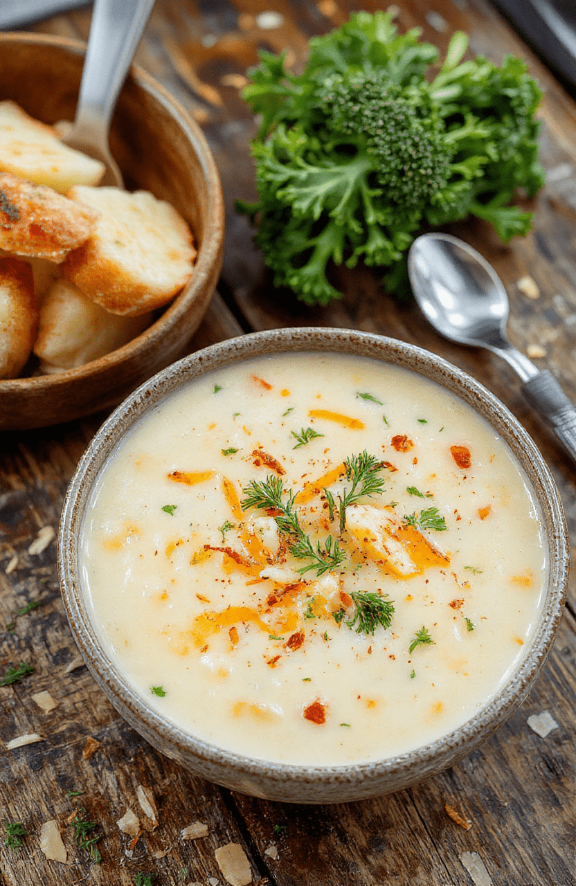 A bowl of creamy broccoli cheddar potato soup topped with shredded cheese and fresh herbs, served on a rustic wooden table with a spoon, vibrant green broccoli contrasted with golden cheese and smooth soup texture, styled with fresh broccoli florets and a drizzle of cream for a cozy, inviting look.