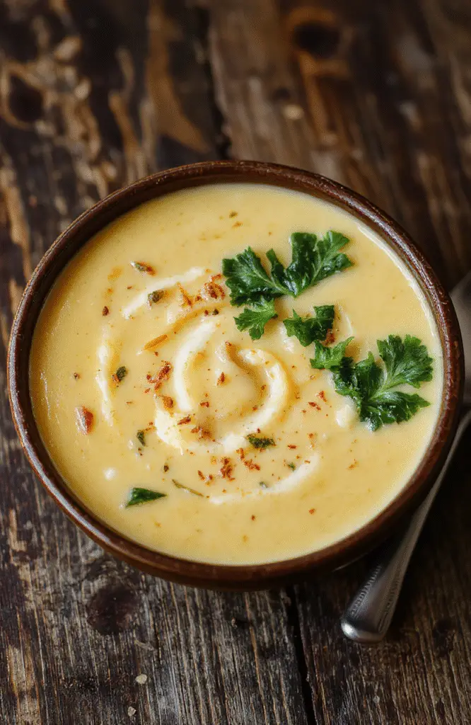 A vibrant bowl of creamy butternut squash soup garnished with fresh kale and a drizzle of cream, placed on a rustic wooden table with warm natural lighting, highlighting the smooth texture, colorful ingredients, and cozy atmosphere.