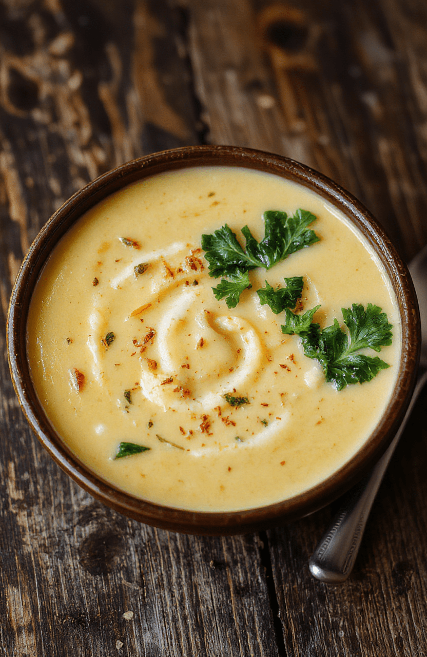 A vibrant bowl of creamy butternut squash soup garnished with fresh kale and a drizzle of cream, placed on a rustic wooden table with warm natural lighting, highlighting the smooth texture, colorful ingredients, and cozy atmosphere.