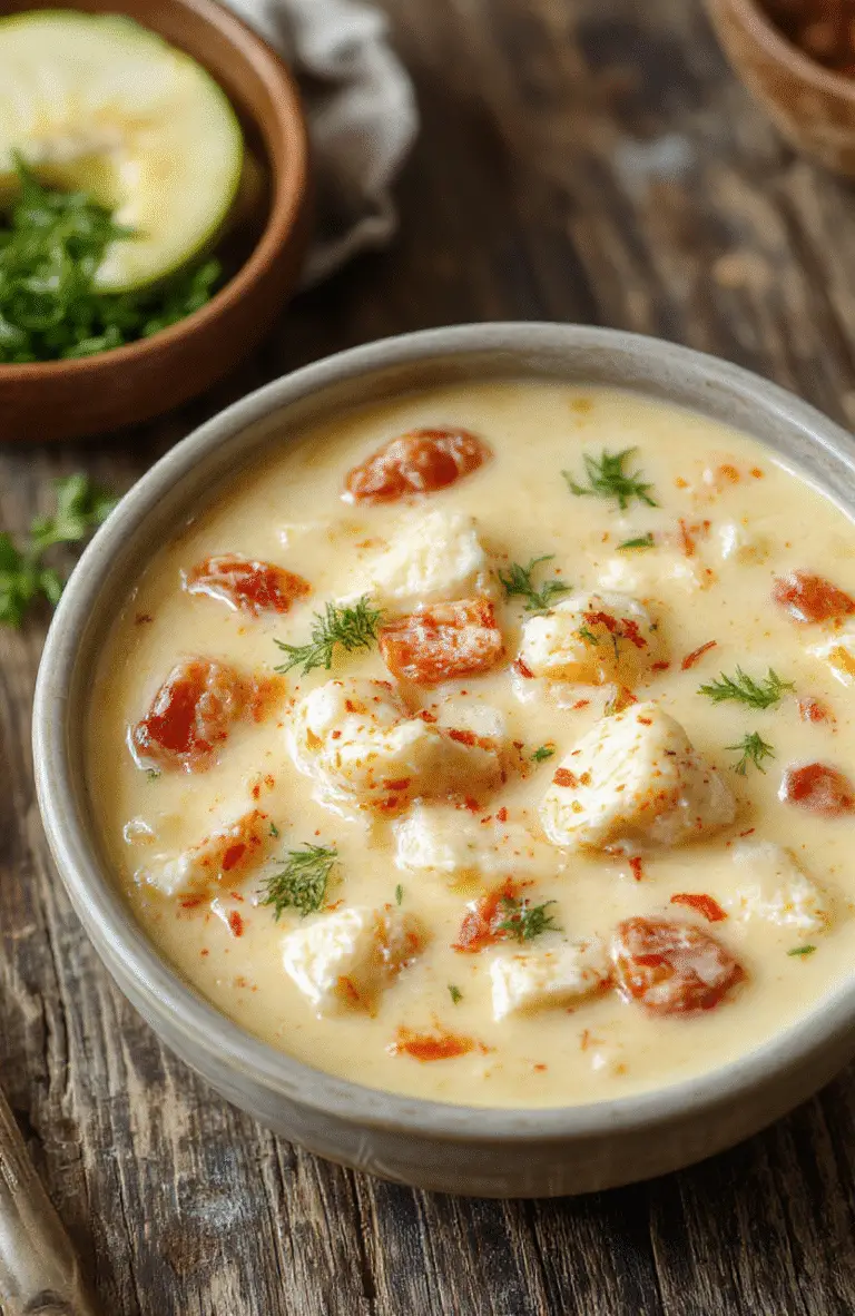 A rich, creamy bowl of crack chicken soup topped with melted cheese, chopped green onions, and crispy bacon bits. The soup has a thick, hearty texture, served in a rustic bowl on a wooden surface, with a spoon indicating its inviting consistency, garnished with fresh herbs for visual appeal.