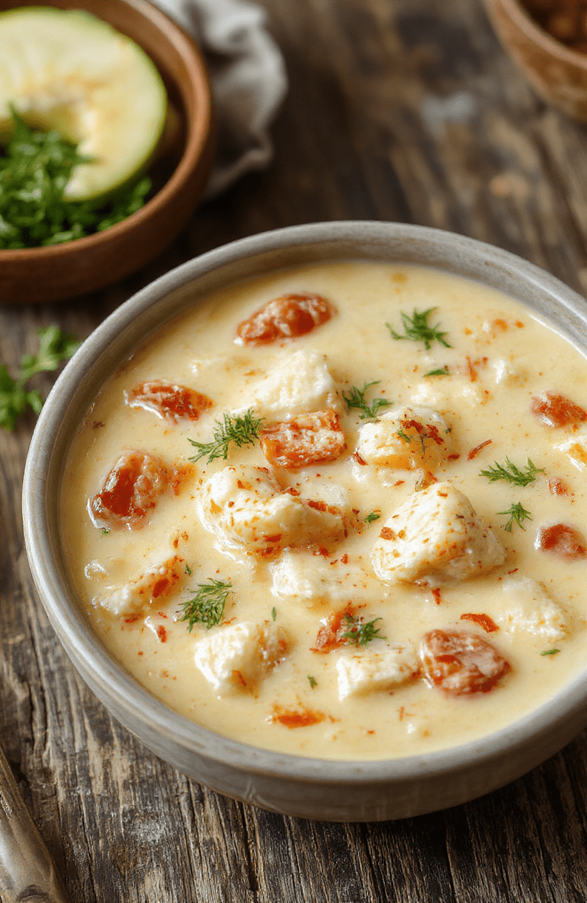 A rich, creamy bowl of crack chicken soup topped with melted cheese, chopped green onions, and crispy bacon bits. The soup has a thick, hearty texture, served in a rustic bowl on a wooden surface, with a spoon indicating its inviting consistency, garnished with fresh herbs for visual appeal.