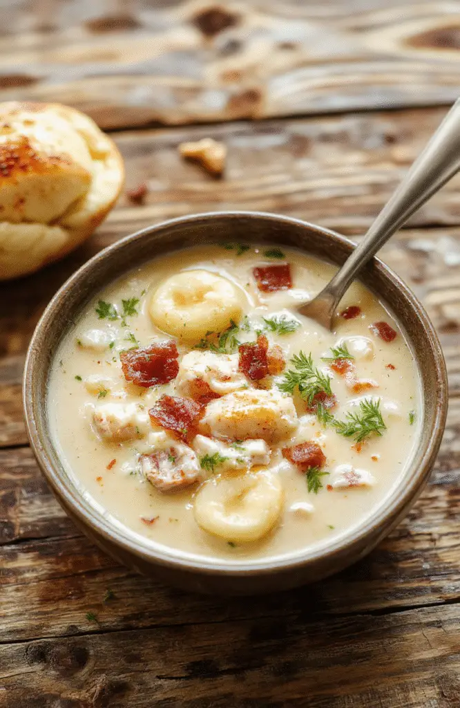 A bowl of creamy chicken bacon gnocchi soup with golden crispy bacon, soft gnocchi, fresh herbs, served in a rustic white bowl on a wooden table, inviting and warm with steam rising, surrounded by ingredients like chicken pieces, gnocchi, and bacon bits, styled for a cozy home meal