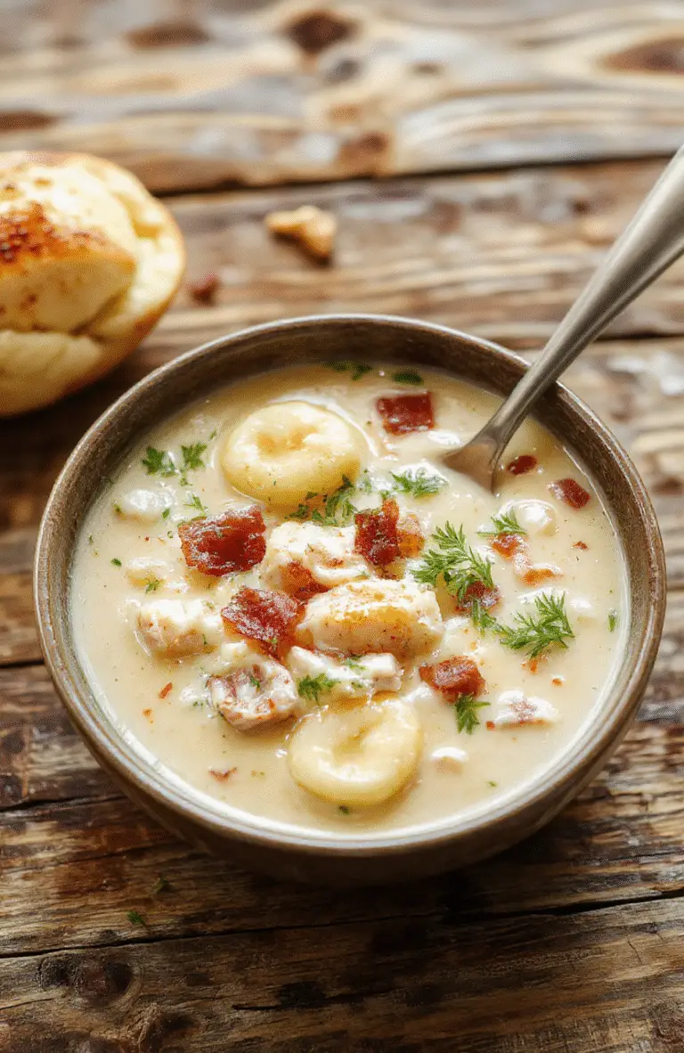 A bowl of creamy chicken bacon gnocchi soup with golden crispy bacon, soft gnocchi, fresh herbs, served in a rustic white bowl on a wooden table, inviting and warm with steam rising, surrounded by ingredients like chicken pieces, gnocchi, and bacon bits, styled for a cozy home meal