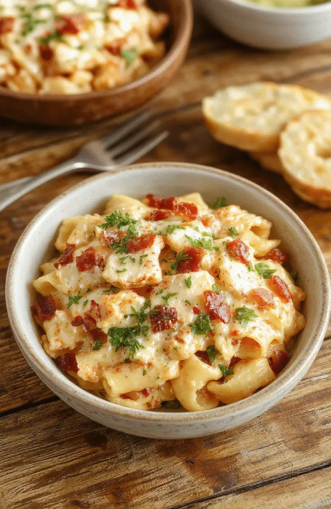 A vibrant plate of creamy chicken bacon ranch pasta garnished with fresh herbs, showcasing tender pasta, crispy bacon bits, and melted cheese, styled on a rustic wooden table with a neutral background.