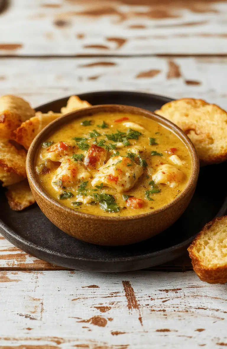 A vibrant bowl of creamy green chicken enchiladas soup garnished with fresh cilantro, sliced jalapenos, shredded cheese, and a dollop of sour cream, served on a rustic wooden table with a spoon resting beside it. The soup has a smooth, green color with visible chunks of chicken, vegetables, and melted cheese, styled for a cozy, inviting presentation.