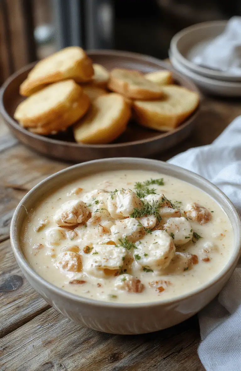 A vibrant bowl of creamy chicken pasta soup garnished with fresh herbs, showcasing tender shredded chicken, al dente pasta, and a smooth, velvety broth, styled with a rustic wooden table background.