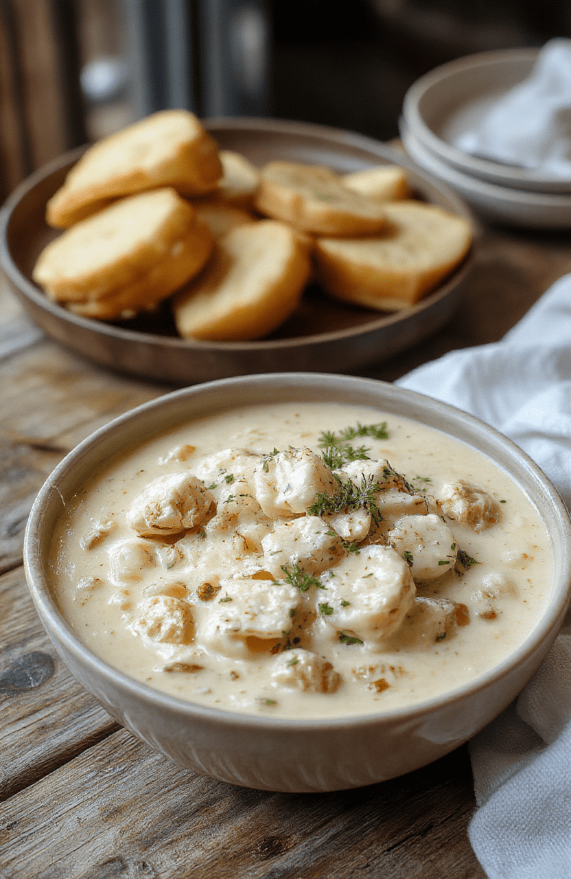 A vibrant bowl of creamy chicken pasta soup garnished with fresh herbs, showcasing tender shredded chicken, al dente pasta, and a smooth, velvety broth, styled with a rustic wooden table background.