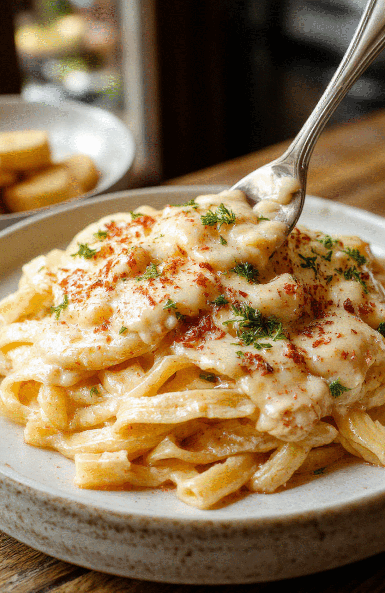 A delicious plate of creamy fettuccine Alfredo with a generous drizzle of rich white sauce, topped with freshly grated Parmesan cheese and chopped parsley, served on a rustic white plate with a soft, blurred background highlighting the textures and vibrant colors of the dish.