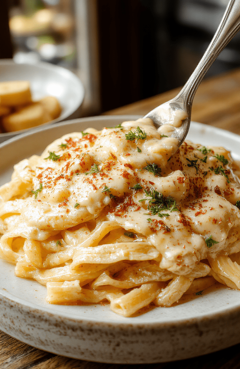 A delicious plate of creamy fettuccine Alfredo with a generous drizzle of rich white sauce, topped with freshly grated Parmesan cheese and chopped parsley, served on a rustic white plate with a soft, blurred background highlighting the textures and vibrant colors of the dish.