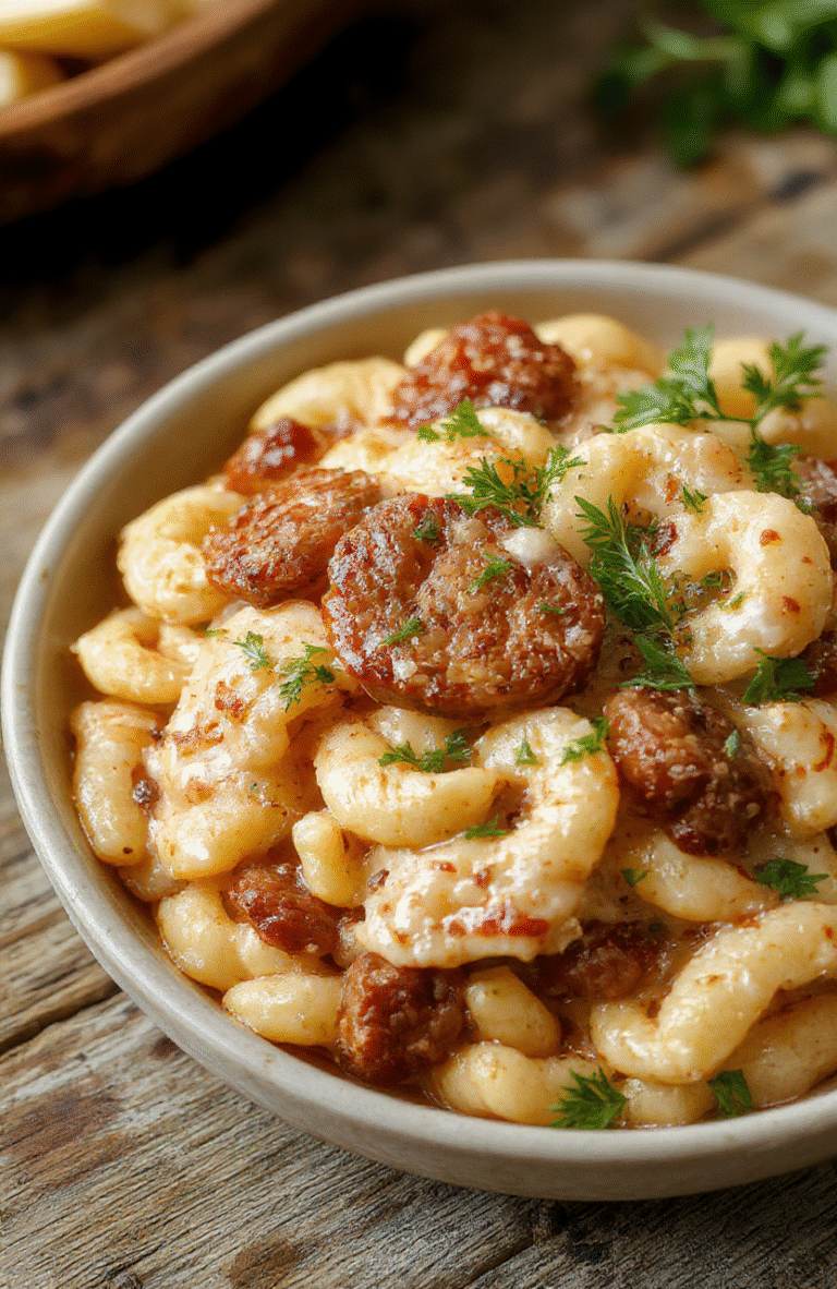 A vibrant plate of creamy Italian sausage orzo, garnished with fresh herbs, served in a white bowl on a rustic wooden table with a fork on the side, showcasing the textures of perfectly cooked orzo and browned sausage, with a sprinkle of cheese and herbs for garnish