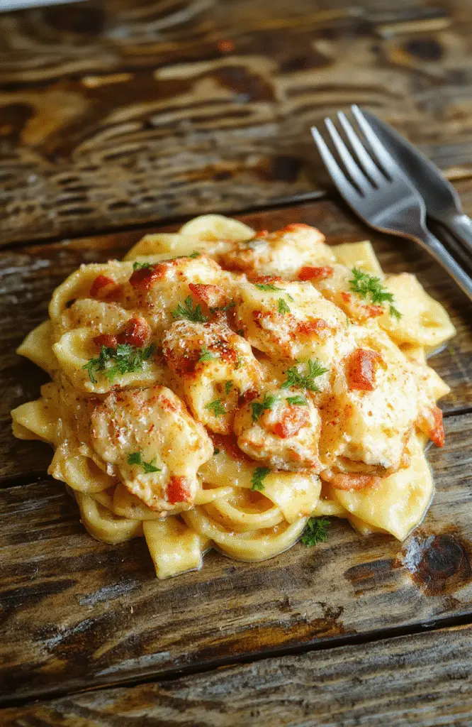 A vibrant plate of creamy Parmesan chicken pasta featuring tender chicken slices coated in a rich sauce, topped with melted cheese and fresh herbs, served on a rustic wooden table with a garnished sprig of parsley, showcasing glossy noodles and golden browned chicken, with a blurred background for depth.