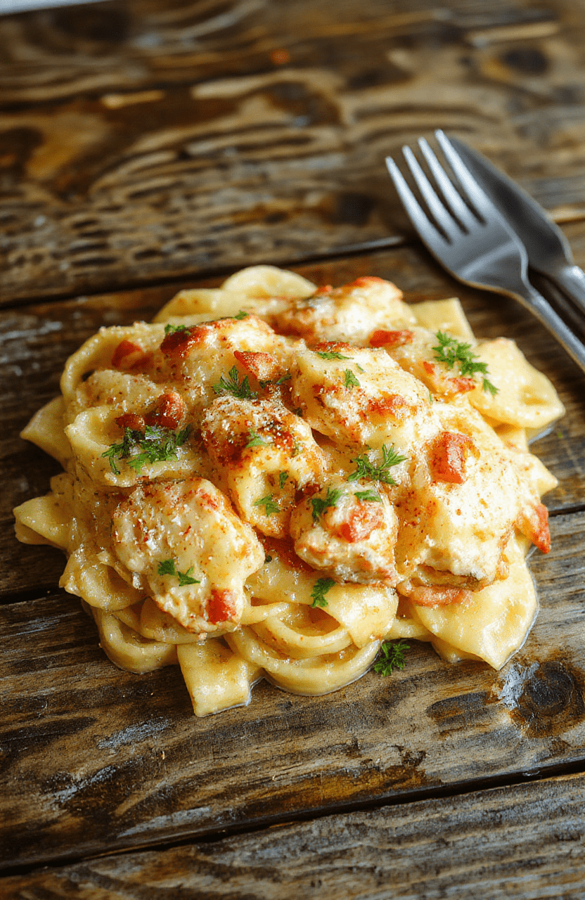 A vibrant plate of creamy Parmesan chicken pasta featuring tender chicken slices coated in a rich sauce, topped with melted cheese and fresh herbs, served on a rustic wooden table with a garnished sprig of parsley, showcasing glossy noodles and golden browned chicken, with a blurred background for depth.
