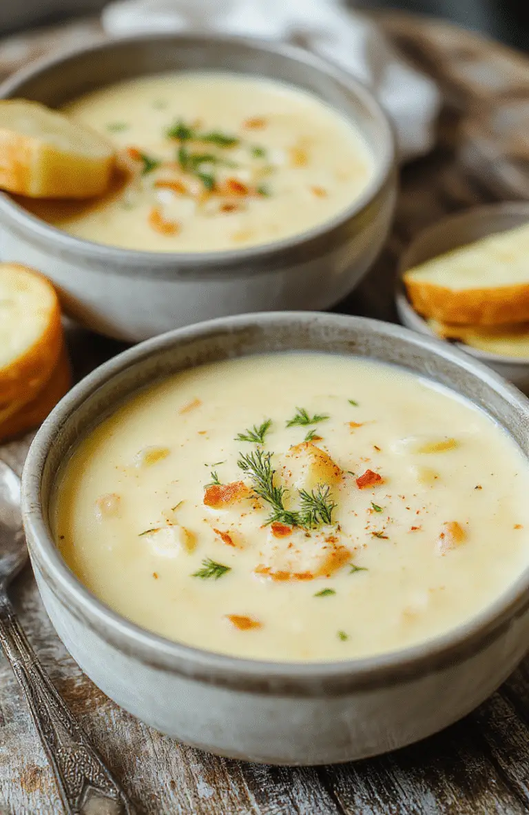 A bowl of rich, velvety creamy potato soup garnished with chopped chives and a dollop of sour cream, served on a rustic wooden table with a warm cloth napkin and sliced crusty bread in the background.