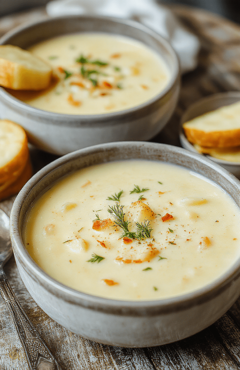 A bowl of rich, velvety creamy potato soup garnished with chopped chives and a dollop of sour cream, served on a rustic wooden table with a warm cloth napkin and sliced crusty bread in the background.