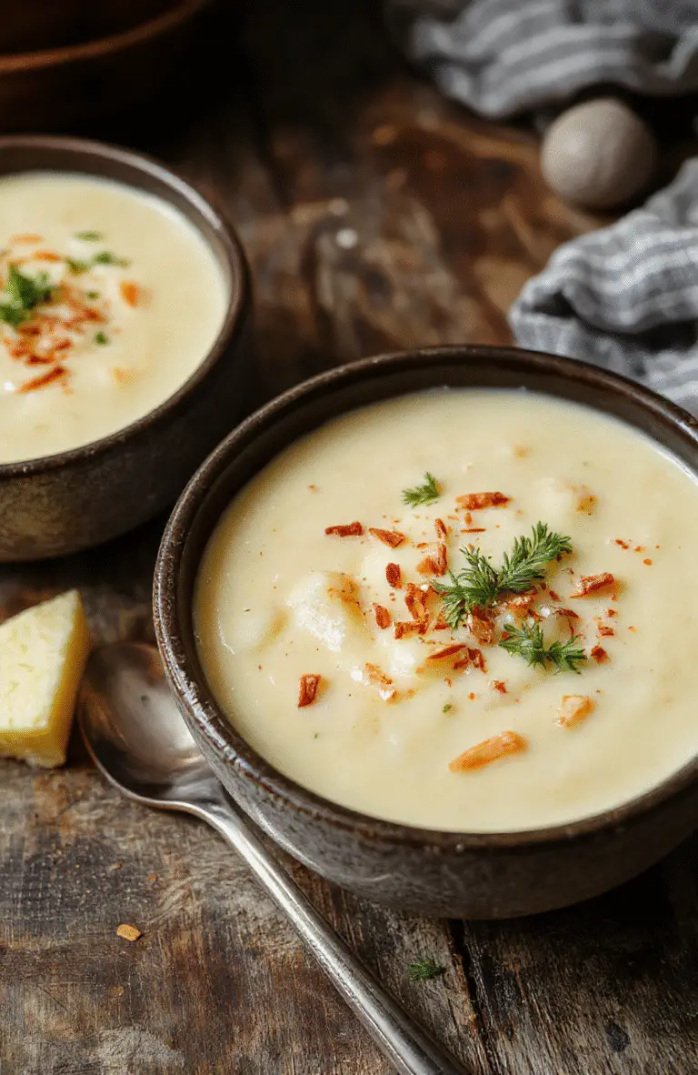 A steaming bowl of creamy potato soup with a golden crusty bread slice on a rustic wooden table, topped with chopped chives and a dollop of sour cream, surrounded by fresh potatoes and herbs, with a cozy, warm ambiance.