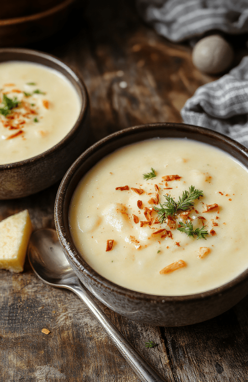 A steaming bowl of creamy potato soup with a golden crusty bread slice on a rustic wooden table, topped with chopped chives and a dollop of sour cream, surrounded by fresh potatoes and herbs, with a cozy, warm ambiance.