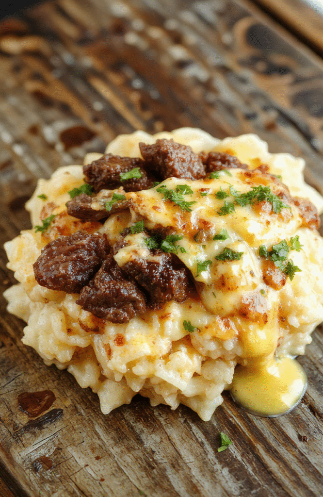 A vibrant plate of creamy queso rice topped with juicy steak strips, colorful garnishes, and melted cheese, styled in a casual rustic setting with a rustic wooden surface, natural sunlight highlighting textures and colors, creating an inviting and hearty appearance.