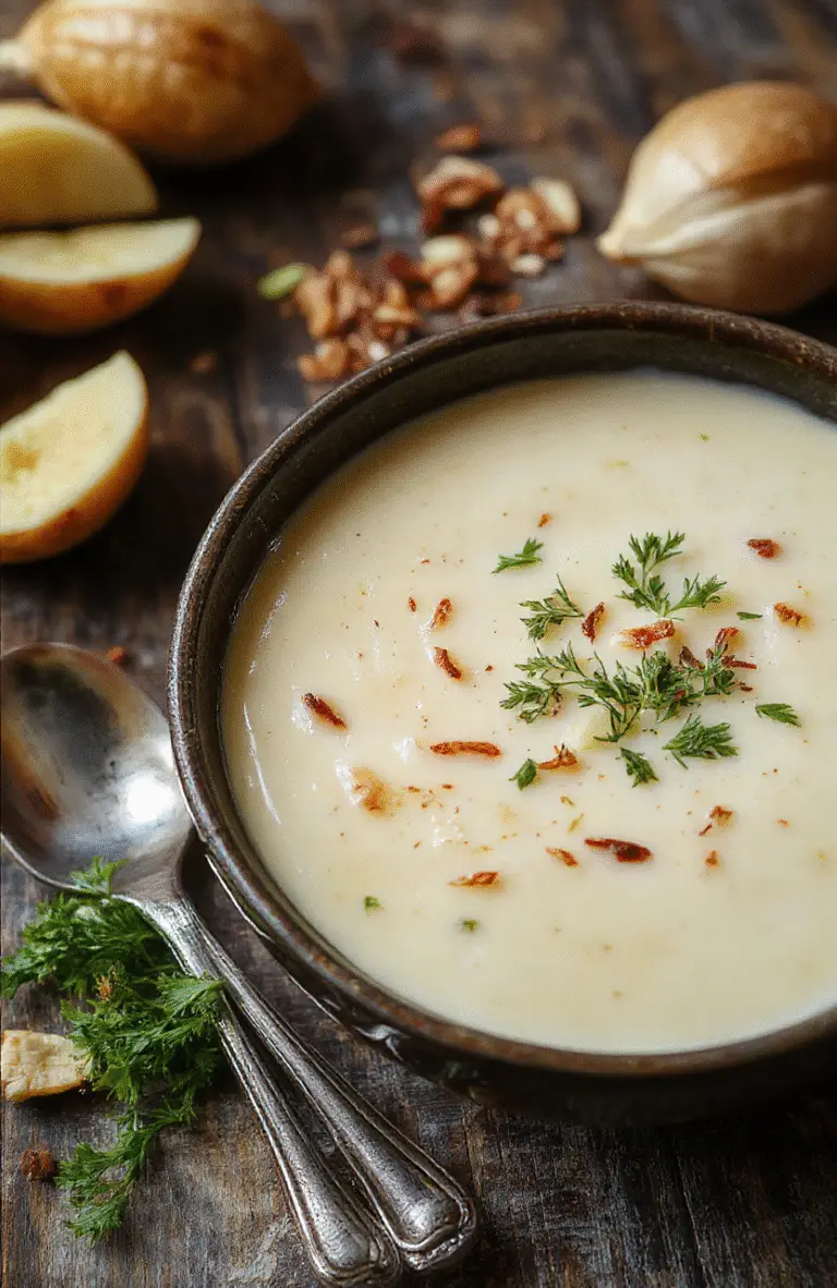 A vibrant bowl of creamy roasted garlic vegan potato soup topped with chopped chives, golden roasted garlic cloves, and a drizzle of olive oil, served on a rustic wooden table with a slice of crusty bread in the background.