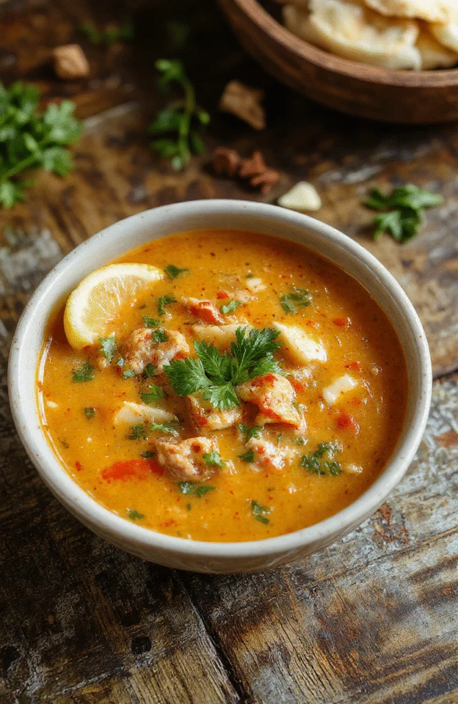 A bowl of vibrant red thai curry noodle soup filled with sliced chicken, fresh vegetables, and rice noodles, garnished with lime wedges and cilantro, plated on a rustic wooden surface with a rich, creamy broth visible.