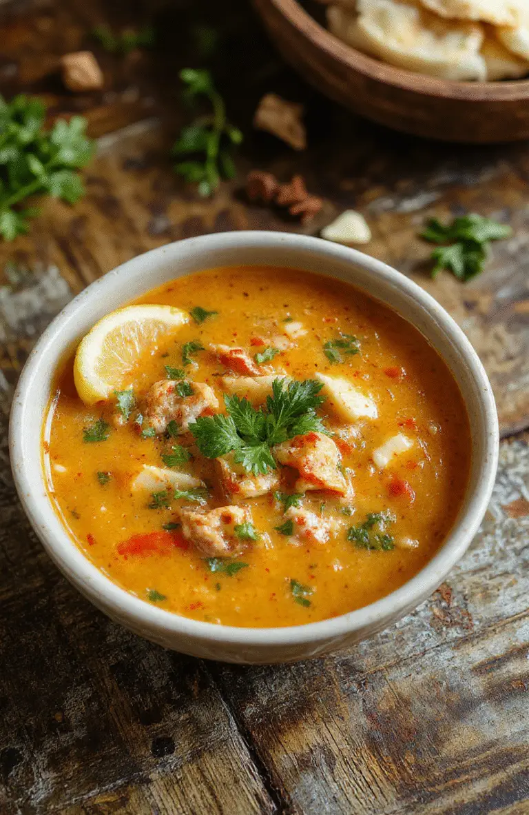 A bowl of vibrant red thai curry noodle soup filled with sliced chicken, fresh vegetables, and rice noodles, garnished with lime wedges and cilantro, plated on a rustic wooden surface with a rich, creamy broth visible.