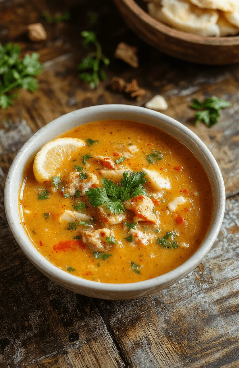 A bowl of vibrant red thai curry noodle soup filled with sliced chicken, fresh vegetables, and rice noodles, garnished with lime wedges and cilantro, plated on a rustic wooden surface with a rich, creamy broth visible.