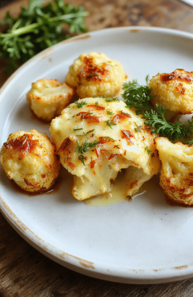 A vibrant plate of creamy vegan butter cauliflower featuring tender cauliflower florets coated in a rich, smooth sauce, garnished with fresh herbs, served on a rustic white plate with a scattering of black pepper and a sprig of parsley, set against a neutral, wooden background with a soft focus on the edges.