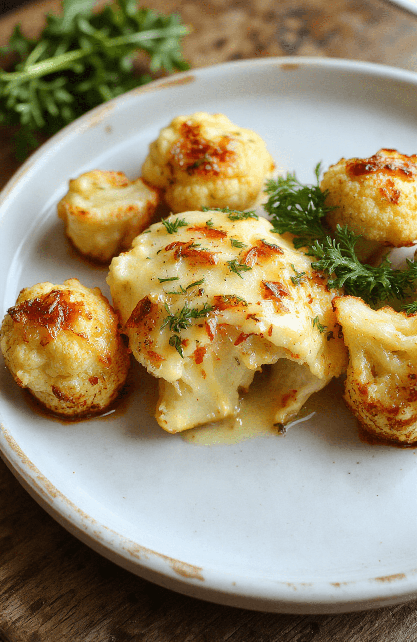 A vibrant plate of creamy vegan butter cauliflower featuring tender cauliflower florets coated in a rich, smooth sauce, garnished with fresh herbs, served on a rustic white plate with a scattering of black pepper and a sprig of parsley, set against a neutral, wooden background with a soft focus on the edges.