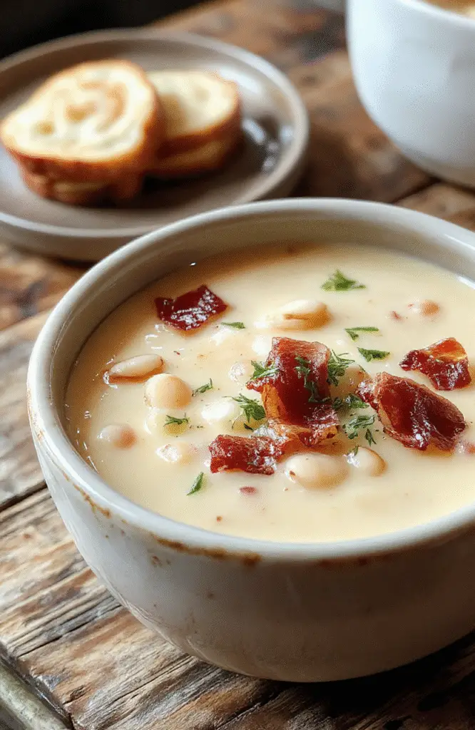A bowl of creamy white bean soup topped with crispy bacon crumbles, garnished with chopped herbs, in a rustic bowl on a wooden table with a spoon beside it, vibrant colors showcasing the rich texture and inviting presentation.