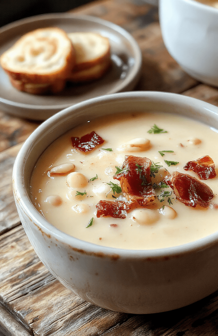 A bowl of creamy white bean soup topped with crispy bacon crumbles, garnished with chopped herbs, in a rustic bowl on a wooden table with a spoon beside it, vibrant colors showcasing the rich texture and inviting presentation.