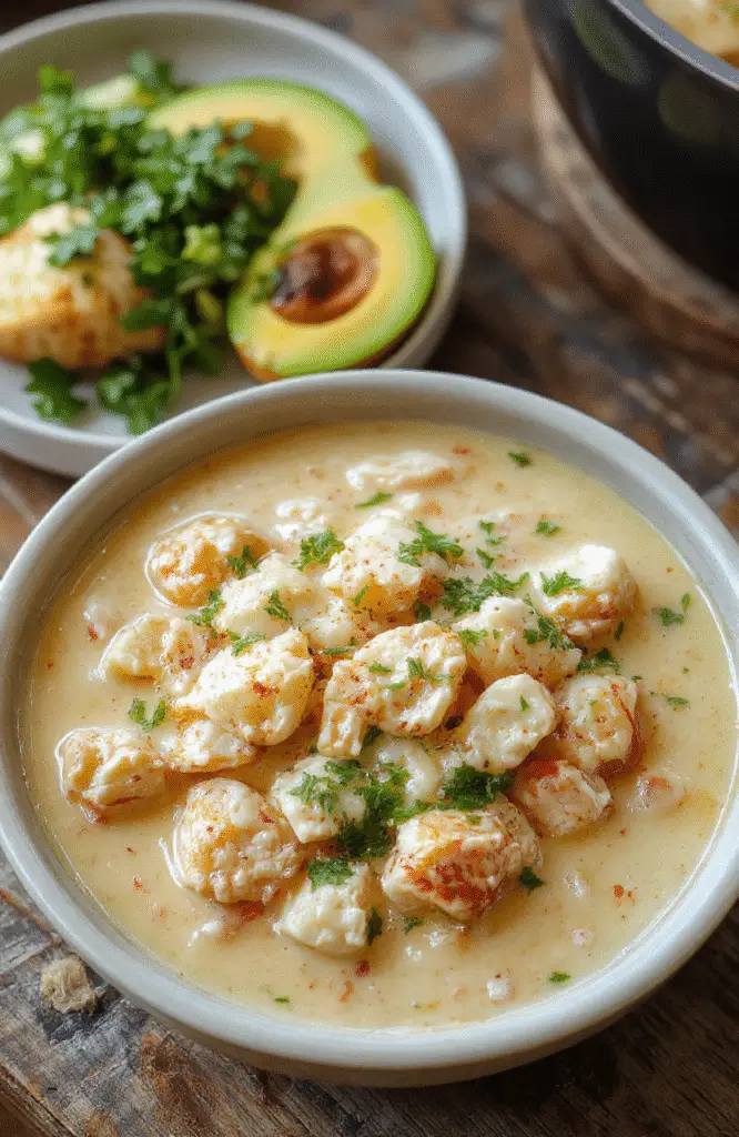 A steaming bowl of creamy white chicken chili topped with fresh cilantro and shredded cheese, served in a rustic white bowl with a spoon. The chili features tender chunks of chicken, white beans, and a rich, creamy broth, garnished with chopped cilantro and a wedge of lime. The background showcases a wooden table with warm lighting, creating a cozy and inviting atmosphere.