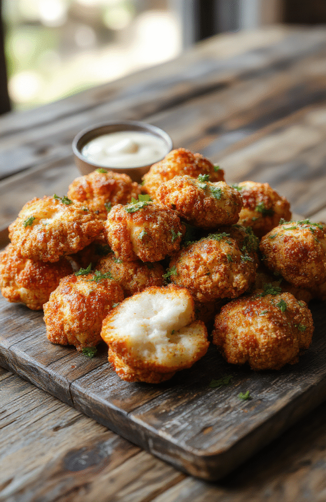 Colorful crispy cauliflower bites glazed in vibrant buffalo sauce on a white plate, garnished with fresh parsley, styled simply on a rustic wooden surface