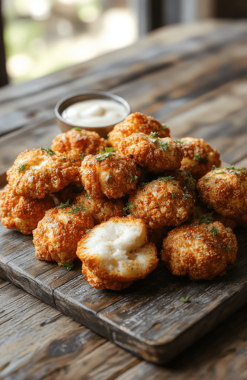 Colorful crispy cauliflower bites glazed in vibrant buffalo sauce on a white plate, garnished with fresh parsley, styled simply on a rustic wooden surface