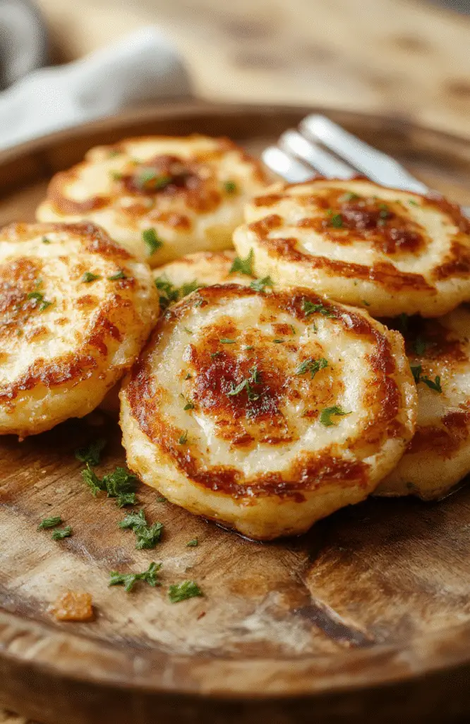 A golden-brown stack of crispy German potato pancakes garnished with fresh herbs on a rustic wooden plate, accompanied by a dollop of sour cream and sliced green onions, with a textured wooden background and soft natural lighting highlighting the crispy edges and tender interior.