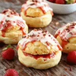 A vibrant plate of strawberry cream puffs with golden, flaky exterior, filled with creamy strawberry filling, topped with fresh sliced strawberries and a dusting of powdered sugar, styled casually on a rustic wooden surface with a soft-focus background.