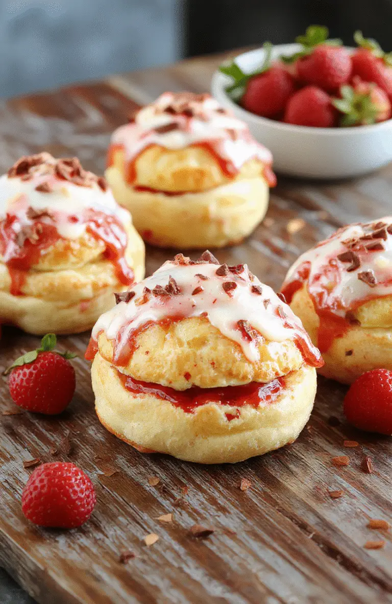 A vibrant plate of strawberry cream puffs with golden, flaky exterior, filled with creamy strawberry filling, topped with fresh sliced strawberries and a dusting of powdered sugar, styled casually on a rustic wooden surface with a soft-focus background.