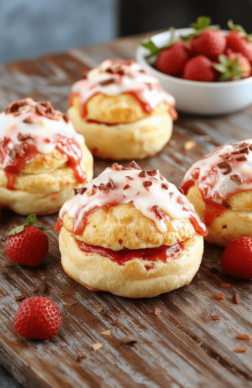A vibrant plate of strawberry cream puffs with golden, flaky exterior, filled with creamy strawberry filling, topped with fresh sliced strawberries and a dusting of powdered sugar, styled casually on a rustic wooden surface with a soft-focus background.