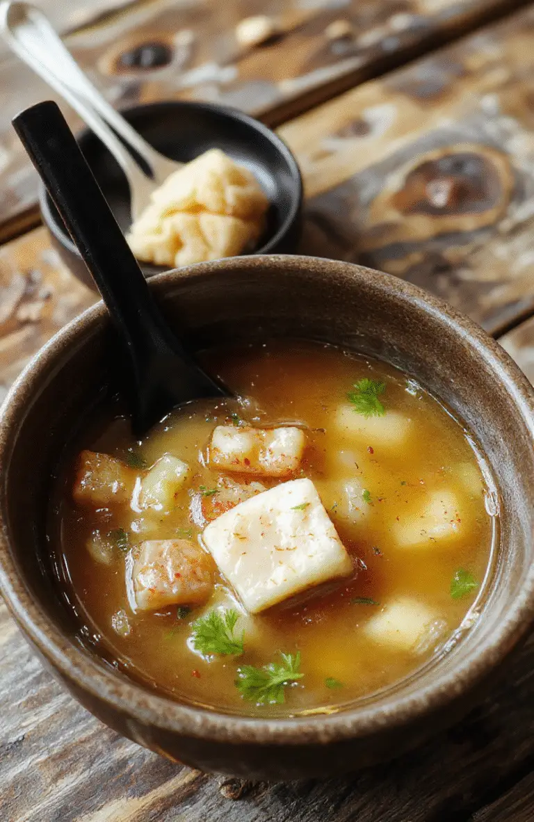 A bowl of steaming, transparent Japanese clear soup filled with sliced green onions, tofu cubes, and tender shiitake mushrooms, garnished with a sprig of fresh herbs on a rustic wooden table, highlighting the clarity and delicate textures of the broth with vibrant greens and earthy tones.