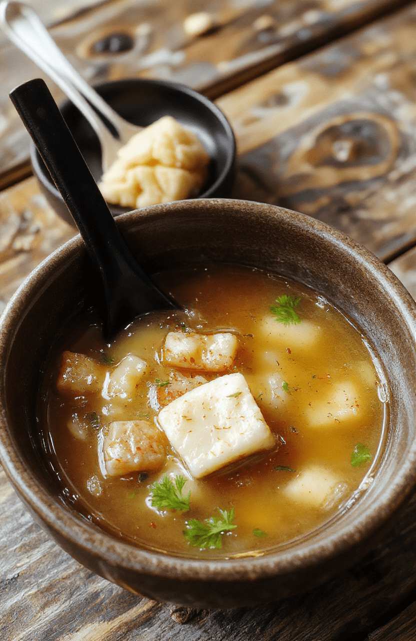 A bowl of steaming, transparent Japanese clear soup filled with sliced green onions, tofu cubes, and tender shiitake mushrooms, garnished with a sprig of fresh herbs on a rustic wooden table, highlighting the clarity and delicate textures of the broth with vibrant greens and earthy tones.