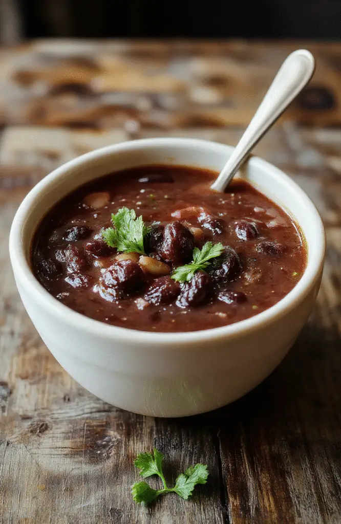 A vibrant bowl of black bean soup with a smooth, dark surface garnished with fresh cilantro, diced tomatoes, and a dollop of sour cream, served on a rustic wooden table with a spoon beside it, styled casually for an inviting homemade feel.