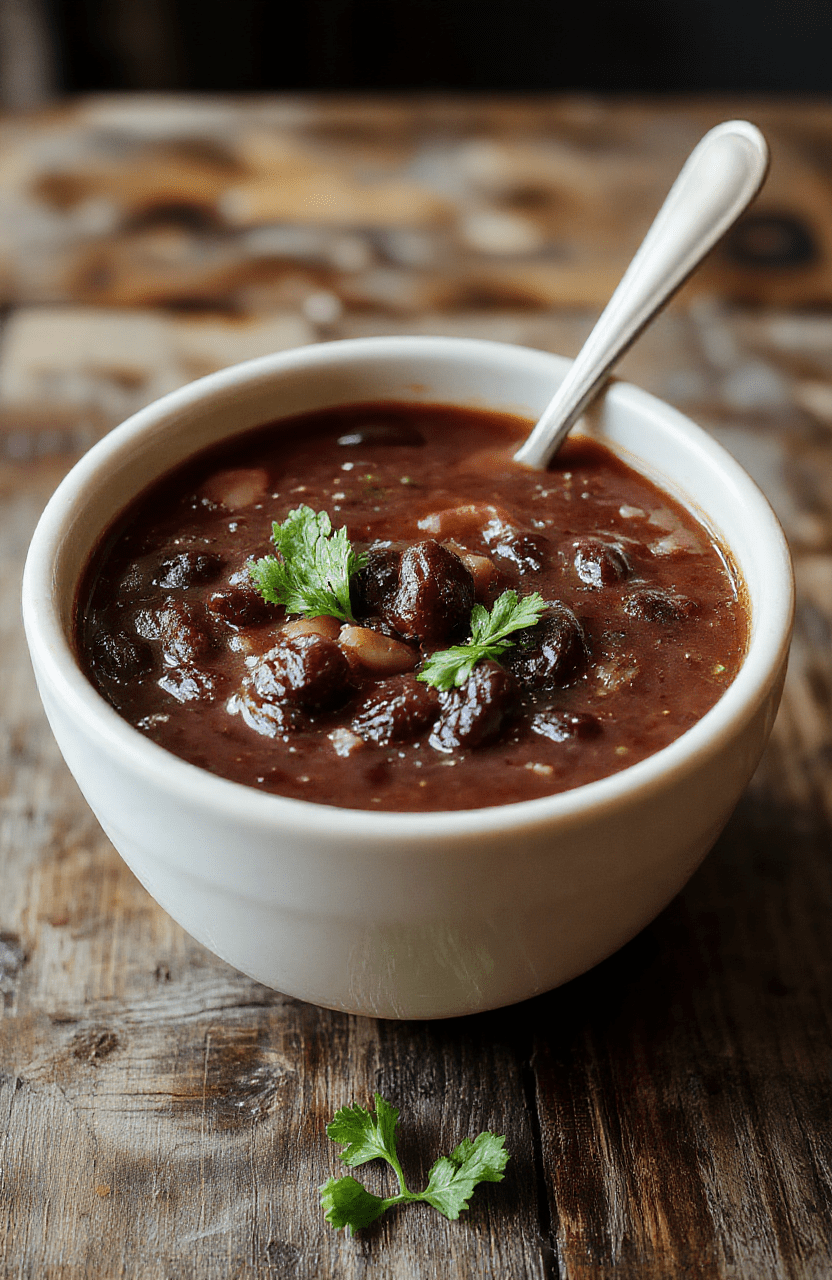 A vibrant bowl of black bean soup with a smooth, dark surface garnished with fresh cilantro, diced tomatoes, and a dollop of sour cream, served on a rustic wooden table with a spoon beside it, styled casually for an inviting homemade feel.