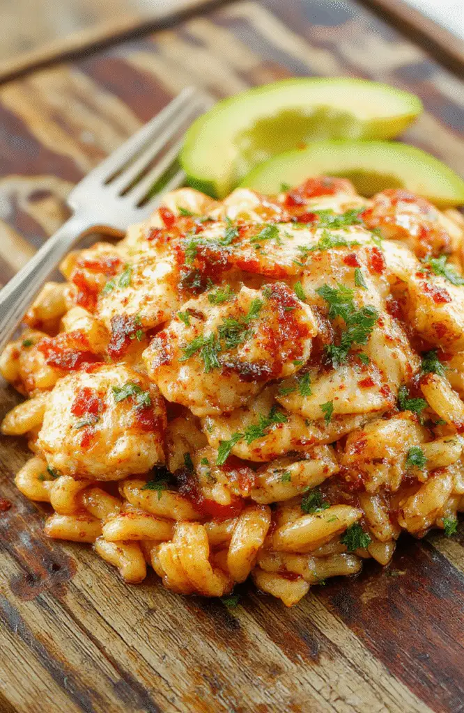 A vibrant plate featuring perfectly seasoned Cajun chicken slices atop a bed of tender orzo pasta, garnished with fresh herbs, with a colorful backdrop of vegetables and a rustic wooden table surface highlighting the bold spices and textures.
