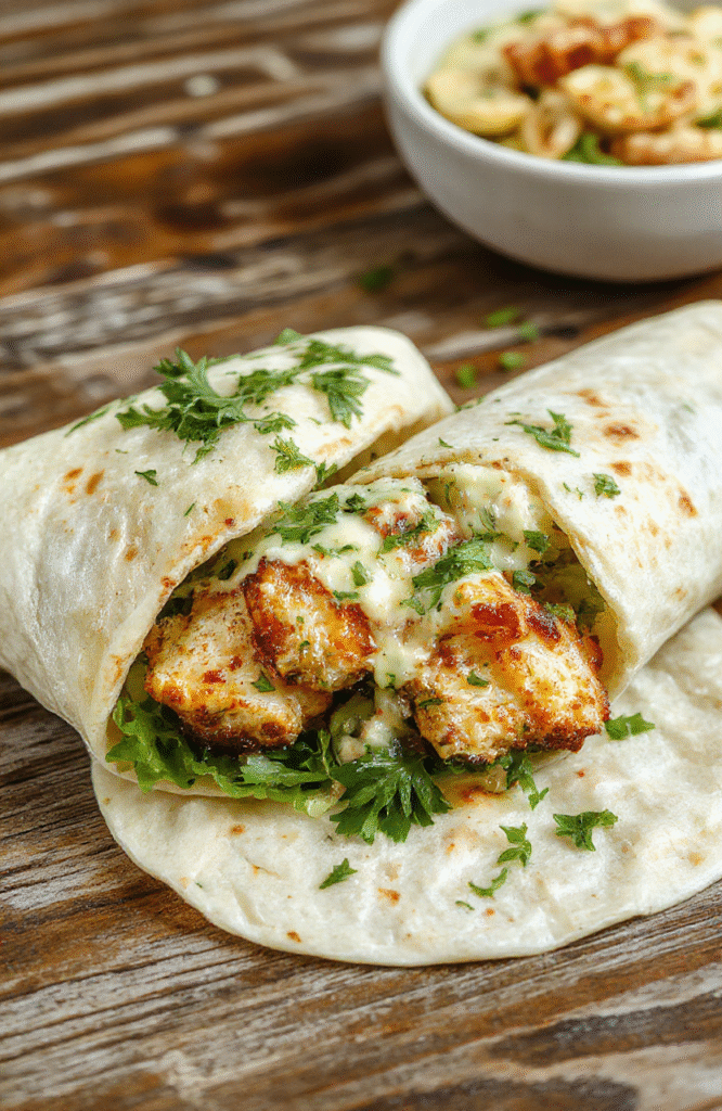 A vibrant plate featuring a sliced Chicken Caesar Wrap with crisp lettuce, tender grilled chicken, creamy Caesar dressing, and a toasted wrap, arranged attractively on a rustic wooden surface with a fresh lemon wedge and cherry tomatoes for garnish, emphasizing textures and fresh ingredients.