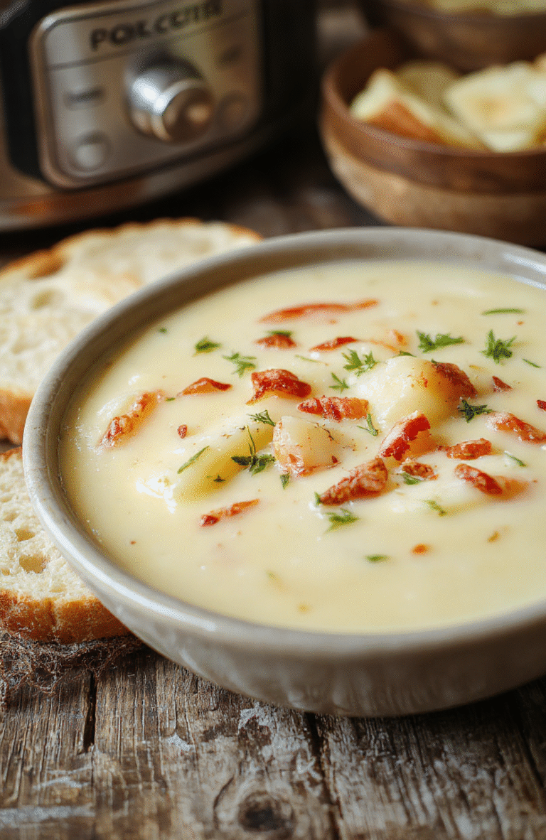 A warm bowl of creamy potato soup with a dusting of chopped chives, surrounded by rustic wooden table, golden-brown toasted bread on the side, steam gently rising, colorful garnishes, inviting and comforting visual.