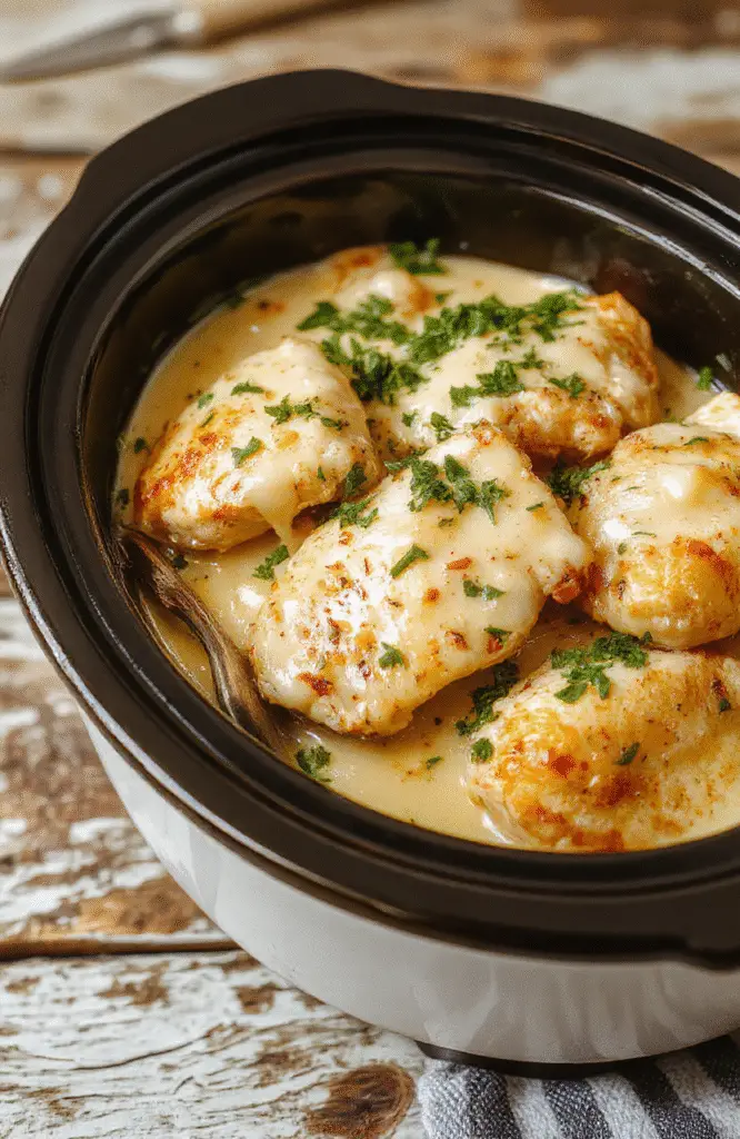 A close-up of a creamy chicken Alfredo served in a white bowl with shredded chicken, fettuccine noodles coated in a rich Alfredo sauce, topped with parsley, on a rustic wooden table with a soft natural light.